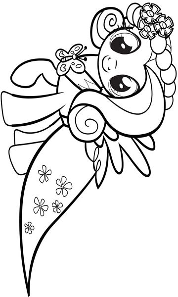 Kolorowanka mała Fluttershy rozmawiająca z motylkiem